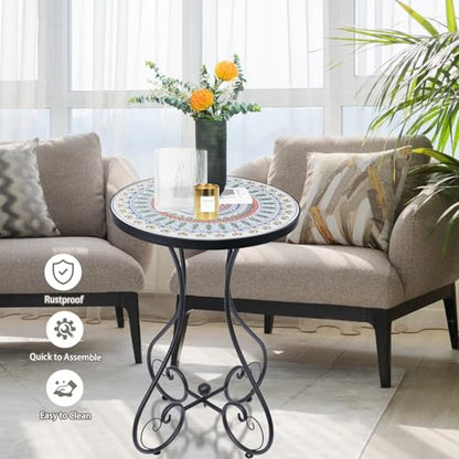 Mosaic Outdoor Side Table, Round Rustproof Patio Tables with 14" Ceramic Tile Top, Indoor Porch Accent Table for Yard, Garden, Living Room, Bistro Balcony, Green