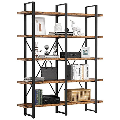 Industrial Bookshelf and Bookcase Double Wide 5 Tier, Large Open Shelves, Wood and Metal Bookshelves for Home Office Furniture, Easy Assembly
