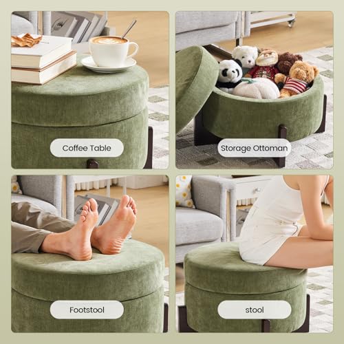 26Inch Round Storage Ottoman, Modern Chenille Upholstered Ottoman with Storage, Ottoman Coffee Table with Removable Top, Footrest Stool for Living Room, Bedroom (Green)