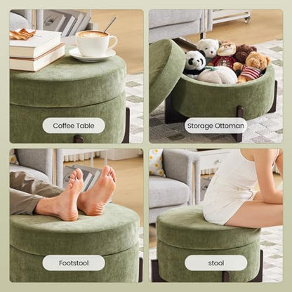 26Inch Round Storage Ottoman, Modern Chenille Upholstered Ottoman with Storage, Ottoman Coffee Table with Removable Top, Footrest Stool for Living Room, Bedroom (Green)