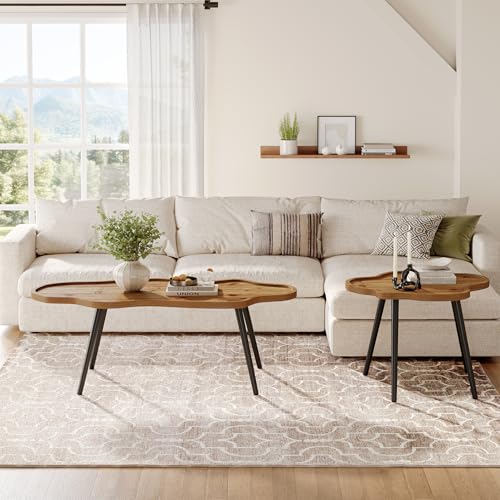 Nesting Coffee Table Set of 2, Solid Wood Coffee Tables with Cloud Tabletop, Stacking Accent Tables with Adjustable Non-Slip Feet for Living Room, Bedroom & Small Space, Rustic Brown