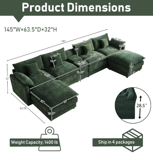 145" Oversized Modular Sectional Sofa U Shaped Cloud Couch Modern 6 Seat Sofa Set for Living Room Comfy Chenille Deep Seat with Storage Central Console, Movable Ottomans, Cup Holders, USB Ports, Green