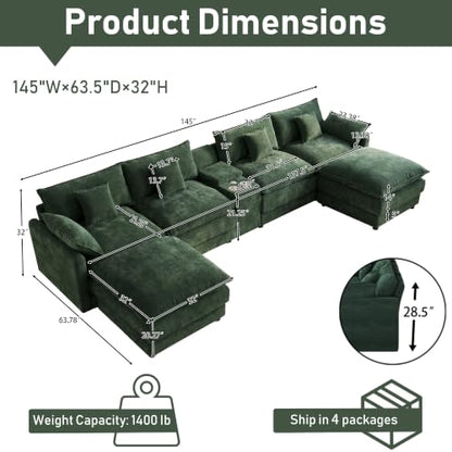 145" Oversized Modular Sectional Sofa U Shaped Cloud Couch Modern 6 Seat Sofa Set for Living Room Comfy Chenille Deep Seat with Storage Central Console, Movable Ottomans, Cup Holders, USB Ports, Green