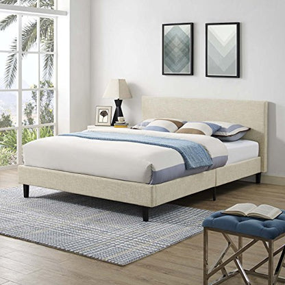 Anya Upholstered Beige Platform Bed with Wood Slat Support in Queen, view 2