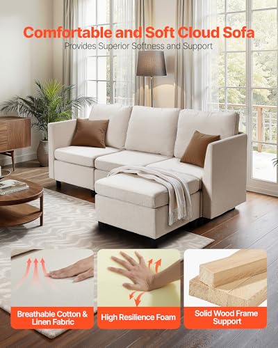 Modular Sectional Sofa, 3-Seater Modular Sofa with Hidden Storage, Customizable Cloud Sectional Couch with Ottoman, Solid Wood Frame Upholstered Couch for Living Room, Bedroom, Beige