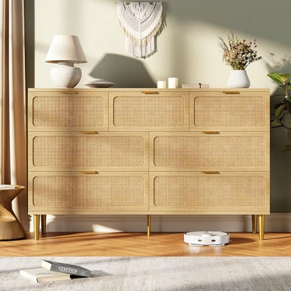 Rattan 7 Drawer Dressers for Bedroom, Tall Dresser with Deep Drawers, Large Chest of Drawers for Closet with Wide Top, Long Wooden Dresser for Living Room, Hallway, Kids Room, Natural