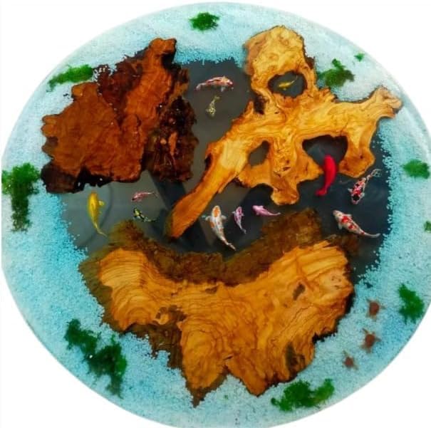 Artistic Aquatic Epoxy Resin Round Coffee Table with Koi Fish Dining Table for 2, 4, 6, 8 Living Room Table, End/Side Table, Bar Table Home Décor (30" Inches Tall, 36 x 36 Inches)
