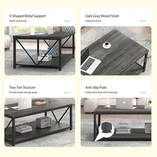 Industrial Coffee Table with Storage Shelf, Modern Rustic Wooden and Metal Rectangle Center Table for Living Room, Dark Gray, 47 Inch
