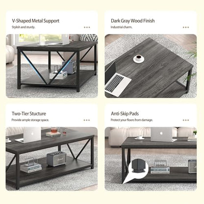 Industrial Coffee Table with Storage Shelf, Modern Rustic Wooden and Metal Rectangle Center Table for Living Room, Dark Gray, 47 Inch