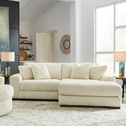 Signature Design by Ashley Lindyn Sectional Couch with Chaise, Cloud-Like Plush Seating, Velvet Upholstery with Cord Texture, Contemporary Living Room Furniture, Ivory, 99"W x 70"D
