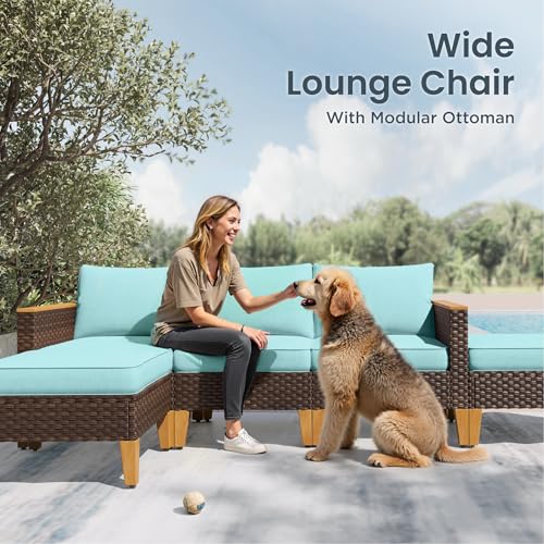 7-Piece Wicker Patio Conversation Set, Outdoor Rattan Sectional Pool Furniture Patio Set for 7 Seats with Cushioned 2 x Single Sofa, 2 x Armrest Chair, 2 x Ottoman and 1 x Armless Sofa, Blue