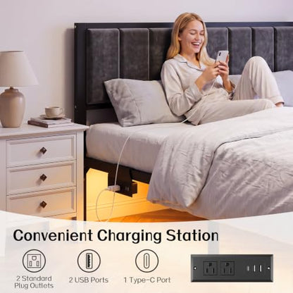 King Bed Frame with 3 Drawers, Charging Station & RGB LED Lights, view 6