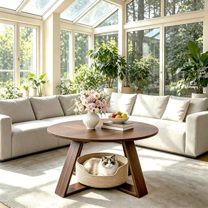 Round Coffee Table for Living Room, Circle Modern Coffee Table with Open Storage & Cross Base, Walnut Wooden Grain Accent Center Table for Small Space, Office, Apartment, Rustic Brown