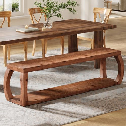 59" Long Solid Wood Dining Bench with 2-Tier Design | Farmhouse Entryway Bench with Open Shelves for Kitchen, Entry, Living Room, Bedroom, Hallway, Rustic Brown