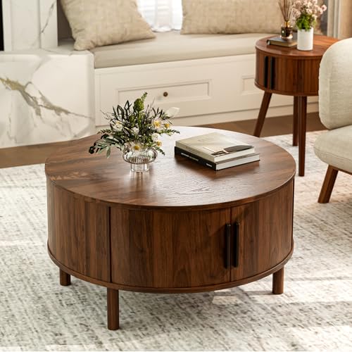 ZttRiee Coffee Table for Living Room, Modern Round Coffee Table with Cabinets & Sliding Doors, Home Small Space, 29.9" Fluted Center Table, Walnut