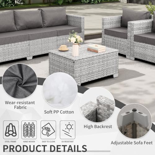 Patio Furniture Set 4 Piece Outdoor Wicker Conversation Sets PE Rattan Couch Sectional Sofa with Storage Table, Grey Cushion