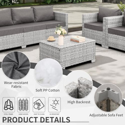 Patio Furniture Set 4 Piece Outdoor Wicker Conversation Sets PE Rattan Couch Sectional Sofa with Storage Table, Grey Cushion