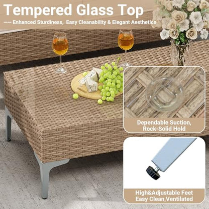4-Piece Outdoor Sectional Sofa Set, All-Weather Wicker Patio Furniture with L/R armrest & Tempered Glass Table, Comfortable Garden Conversation Set for Backyard, Poolside, Deck,Beige