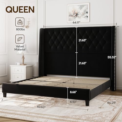 Queen Upholstered Bed Frame, 55.4'' Tall Headboard with Wingback, view 3