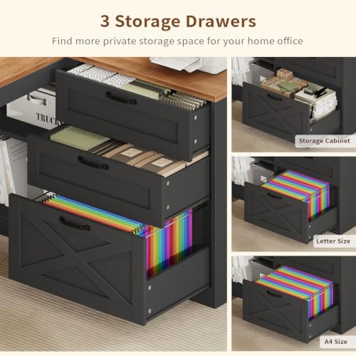 Farmhouse L Shaped Computer Desk with Drawers, Power Outlet for Home Office, view 6