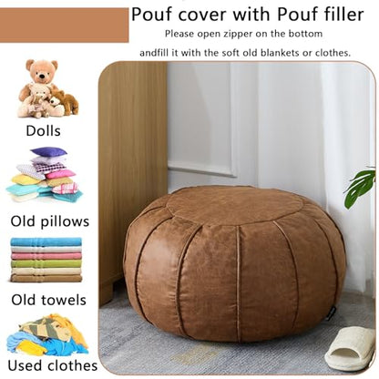 Unstuffed Pouf Ottoman Handmade Moroccan Storage Footstool Seat Round Home Decoration Pouf Cover Multi Functional Bean Bag Floor Chair for Living Room, Office, Bedroom, Balcony Decor