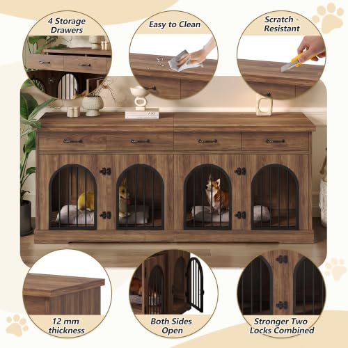 Heavy Duty Wooden Dog Crate Furniture with Divider and 4 Drawers, view 3