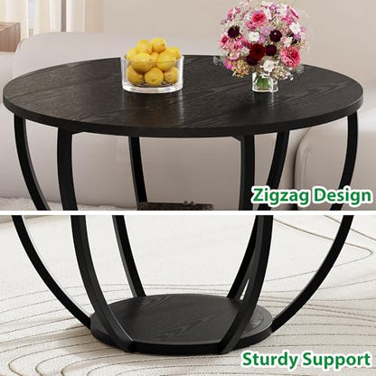 Round Coffee Table,Wooden 2-Tier Circle Coffee Tables with Storage Shelves,Accent Center Table for Living Room, Sofa Table for Home Office, Black