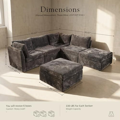 6-Pieces Modular Sectional Corduroy Sofa Set, U Shaped Couch Reversible Chaise Modular Sectional Couch, 125 inch Width, 6 Seat Modular Sofa with Ottoman, Gray