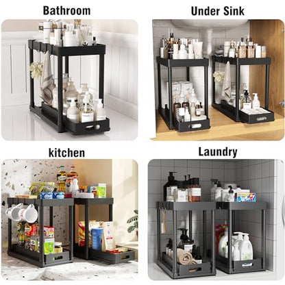 2 Pack Pull-Out Storage Organizers, Under Sink Organizer and Storage for Bathroom & Kitchen,Multi-Purpose Under Cabinet Organizers and storage Black