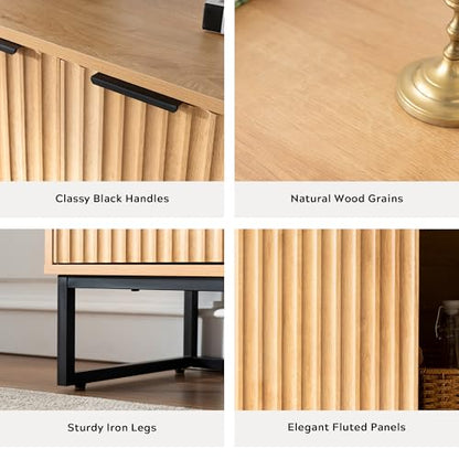 Fluted Storage Cabinet with 3 Doors, Sideboard Buffet Cabinets, Modern Accent Cabinets with Adjustable Shelves, Wooden Credenza Console Table Cabinet for Living Dining Room, Natural Oak