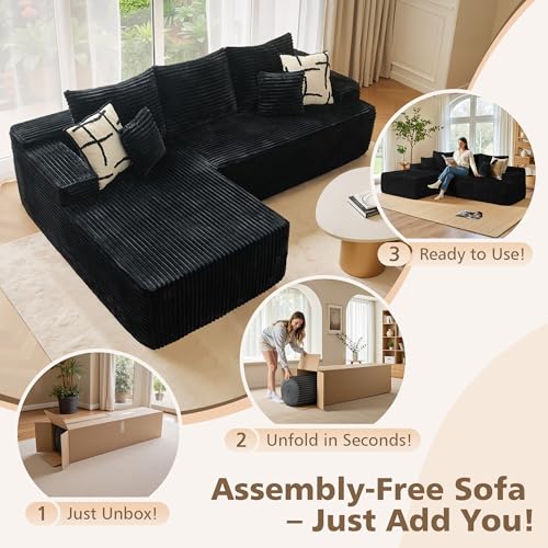 96" Cloud Sectional Couch with Comfy Chaise, Boneless L Shape Sofa with Deep Seat, Minimalist Modular Couches Sleeper for Living Room Bedroom Apartment Lounge,Black