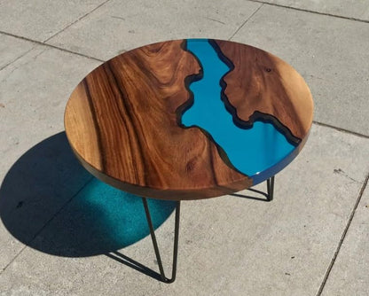 Customized Resin Round Table Top, Blue Ocean River Epoxy Resin, Coffee Table Design, Resin Table, Luxury Decor Table, Walnut Table, Wooden Resin Table (Without Stand, 18 x 18 Inches)