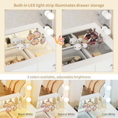 Vanity with Lighted Mirror, Glass Top Makeup Vanity Desk with Lights, view 4