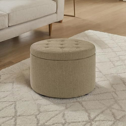 Designs4Comfort Round Shoe Ottoman 22" - Upholstered Footstool, Small Table, & Seat with Storage Compartment for Living Room, Entryway, Bedroom, Sandstone Fabric