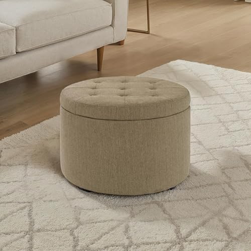 Designs4Comfort Round Shoe Ottoman 22" - Upholstered Footstool, Small Table, & Seat with Storage Compartment for Living Room, Entryway, Bedroom, Sandstone Fabric