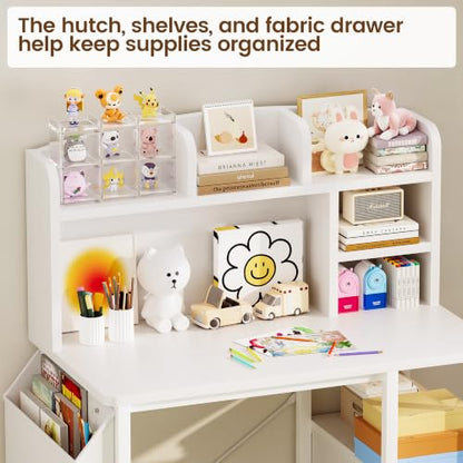 Kids Desk and Chair Set with Hutch, Study Desk with Storage, White, view 8