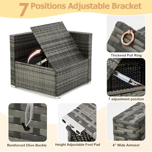 7 Piece Patio Furniture Set with Adjustable Bracket All-Weather Wicker Conversation Set with Coffee Table for Porch Garden Backyard (Gray)