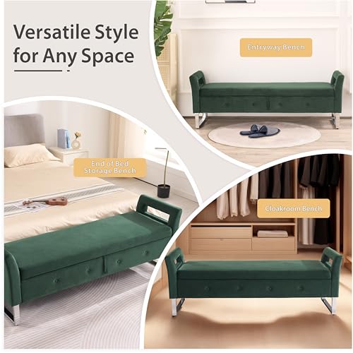 Storage Bench for Bedroom, 67.9'' End of Bed King Size Green Ottoman Upholstered Velvet Shoe Bench for Entryway, Hallway, Bedroom, Cloakroom, Window Bench, Green.