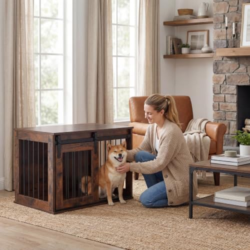 31.5" Dog Crate Furniture with Sliding Barn Door, Wooden Dog Kennel, view 3