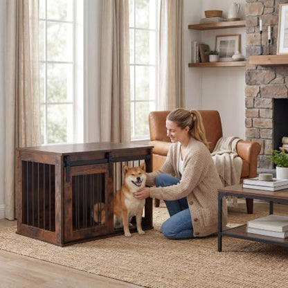 31.5" Dog Crate Furniture with Sliding Barn Door, Wooden Dog Kennel, view 3