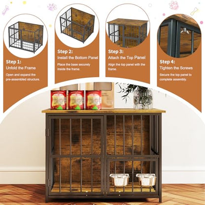 27'' Foldable Dog Crate Furniture, Small Dog Kennel with 2 Bowls, view 4
