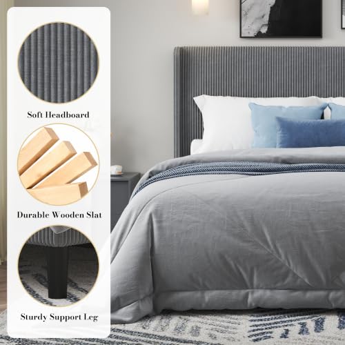 Queen Bed Frame, Upholstered Platform Bed with Corduroy Headboard, Grey, view 7