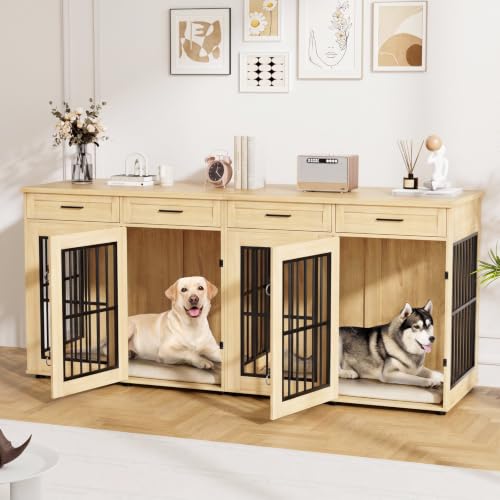 87"Dog Crate Furniture for 2 Dogs, Double Dog Cage Furniture,Natural, view 2
