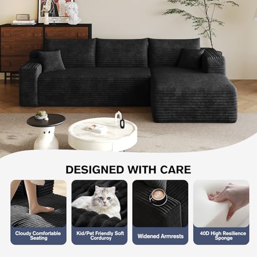 96.5" L-Shape Boneless Modular Sectional Cloud Couch in a Box with Chaise Modern Comfy Corduroy couches for Living Room-Memory Foam Compressed Sofa,No Assembly Required(Black)