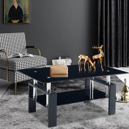 Black 2 tier glass top coffee table with wooden legs, view 6