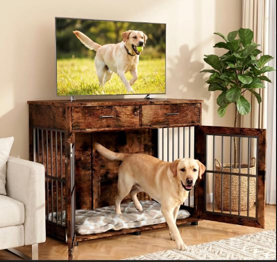43.3" Large Dog Crate Furniture with 2 Drawers, Brown, view 6