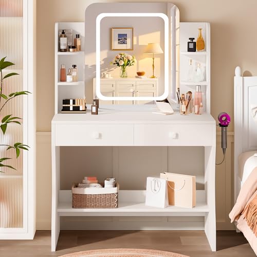 29.5" White Small Makeup Vanity Desk with Power Outlet & Mirror, view 2