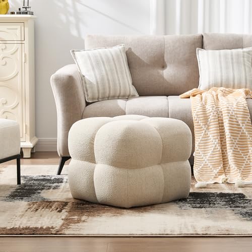 Beige Modern Ottoman, 21" Square Funky Pouf Ottoman, Linen Fabric Upholsered Foot Rest, Small Coffee Table & Couch Footstool & Vanity Chair for Living Room Bedroom, Dorm, Cute Pouf Home Decor