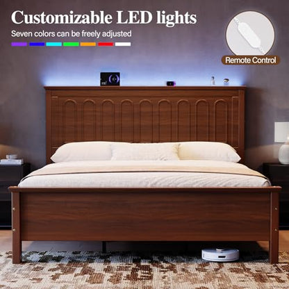 King Size Platform Bed Frame with Headboard, Brown, view 5