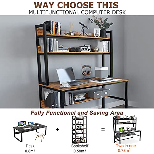 Computer Desk with Hutch, 47“W x 23.6" D Desk with Shelves, Tall Home Office Desk with Bookshelf, Metal Legs Study Table with Upper Storage Shelf for Study Writing/Workstation
